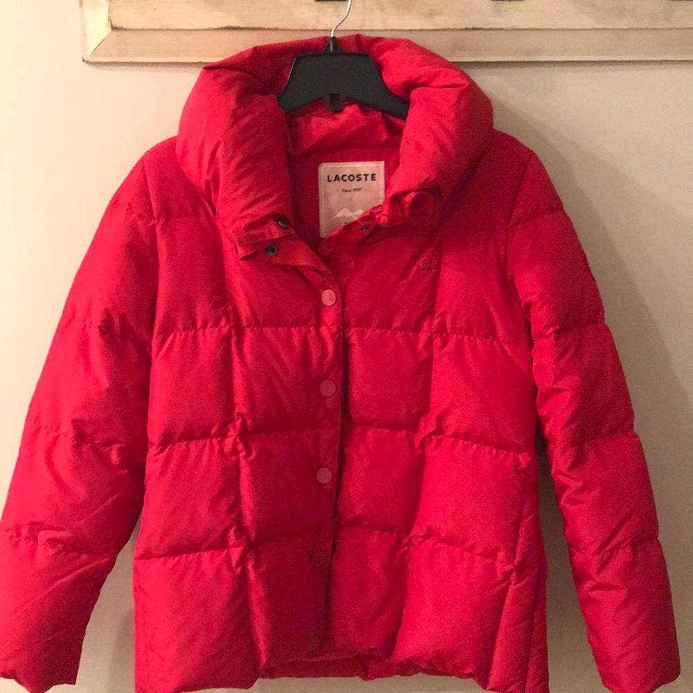 Lacoste women’s down puffer jacket.